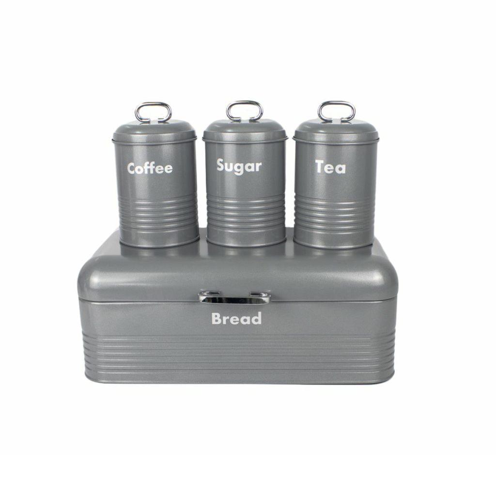 Bread Bins Totally Home Retro Breadbin Steel Design with 3 Piece Matching Canister Set Grey